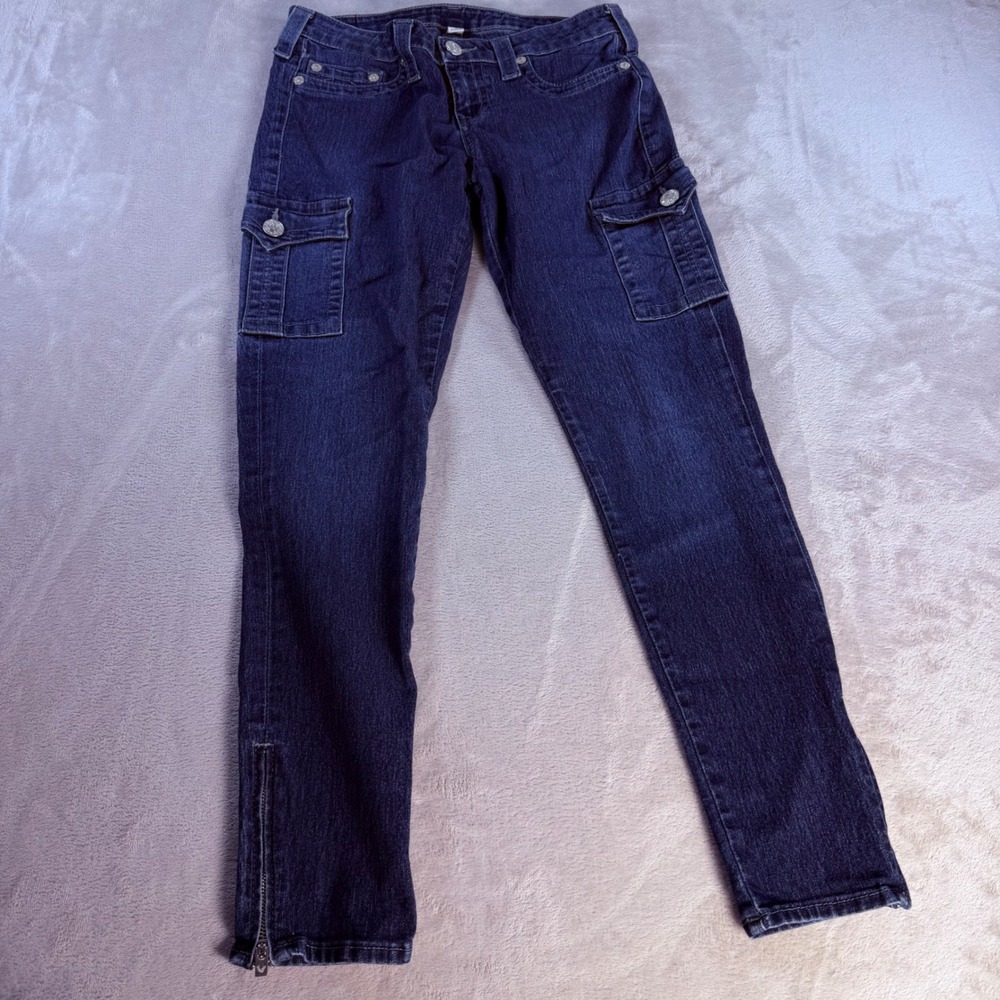 True Religion Cargo Skinny Jeans Womens 30 Blue Cotton Blend Zipper Ankle Pants